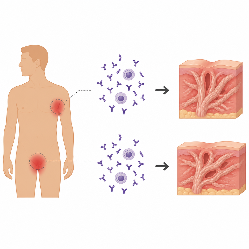 Figure 1. Gli anticorpi IgA nelle aree cutanee dolenti contribuiscono a mantenere linfiammazione cronica e la formazione di cicatrici nellidradenite suppurativa.