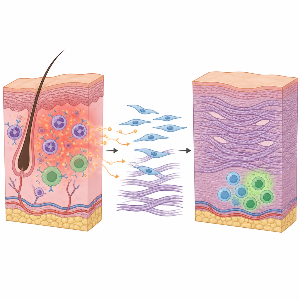 Figure 2. I depositi immunitari di IgA attivano progressivamente leucociti e fibroblasti, passando dallirritazione cutanea alla formazione di dotti cicatriziali spessi.