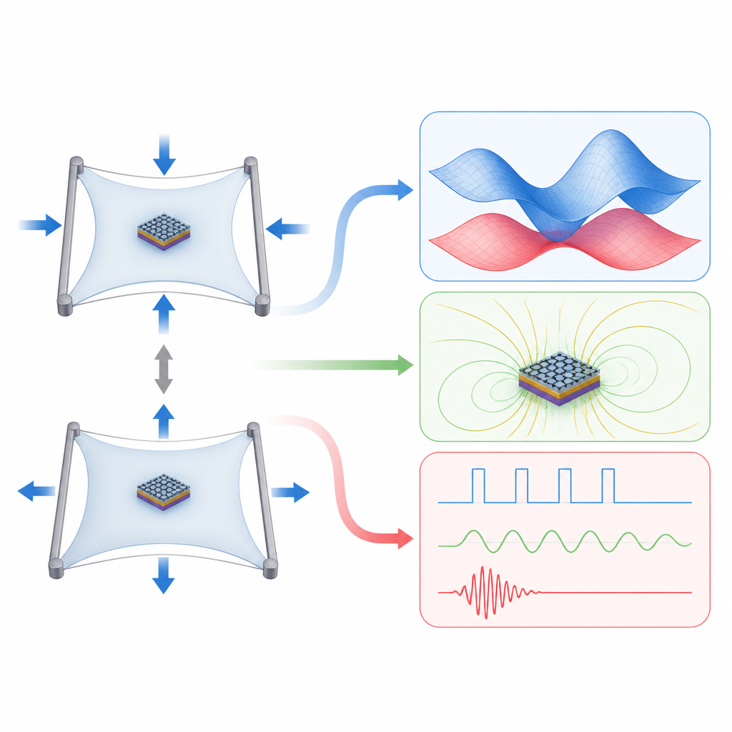 Figure 1. Allungamenti ritmici di materiali atomici sottili rimodellano il moto degli elettroni e creano tensioni trasversali senza magneti.