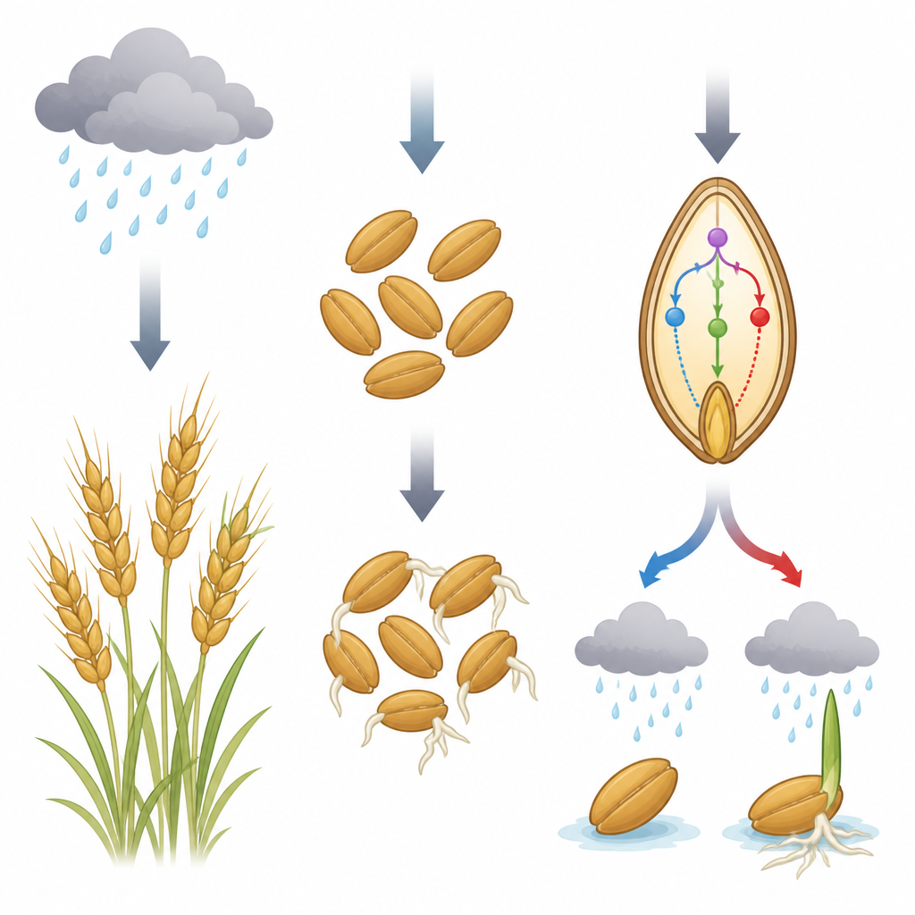 Figure 1. Wie Weizensamen abwägen, ob sie im Ruhezustand bleiben oder bei Regen vor der Ernte vorzeitig keimen.