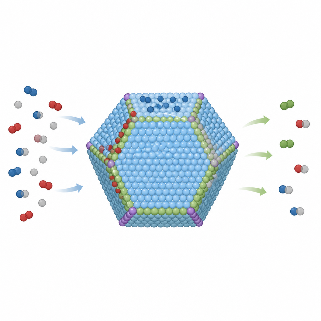 Figure 1. Gesamter Katalysator-Nanopartikel als eine verbundene Oberfläche, auf der verschiedene Regionen reagierende Moleküle teilen