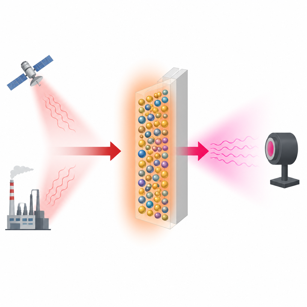 Figure 1. Medel‑infraröd värme får belagda nanopartiklar att glöda annorlunda så enkla detektorer kan känna av osynlig strålning.