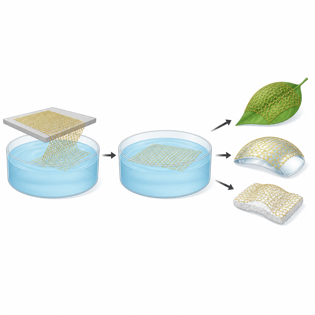 Figure 1. Fogli di nanomaglia metallica che galleggiano sull'acqua per rivestire oggetti curvi come foglie, lenti e tessuti in un unico, delicato passaggio.