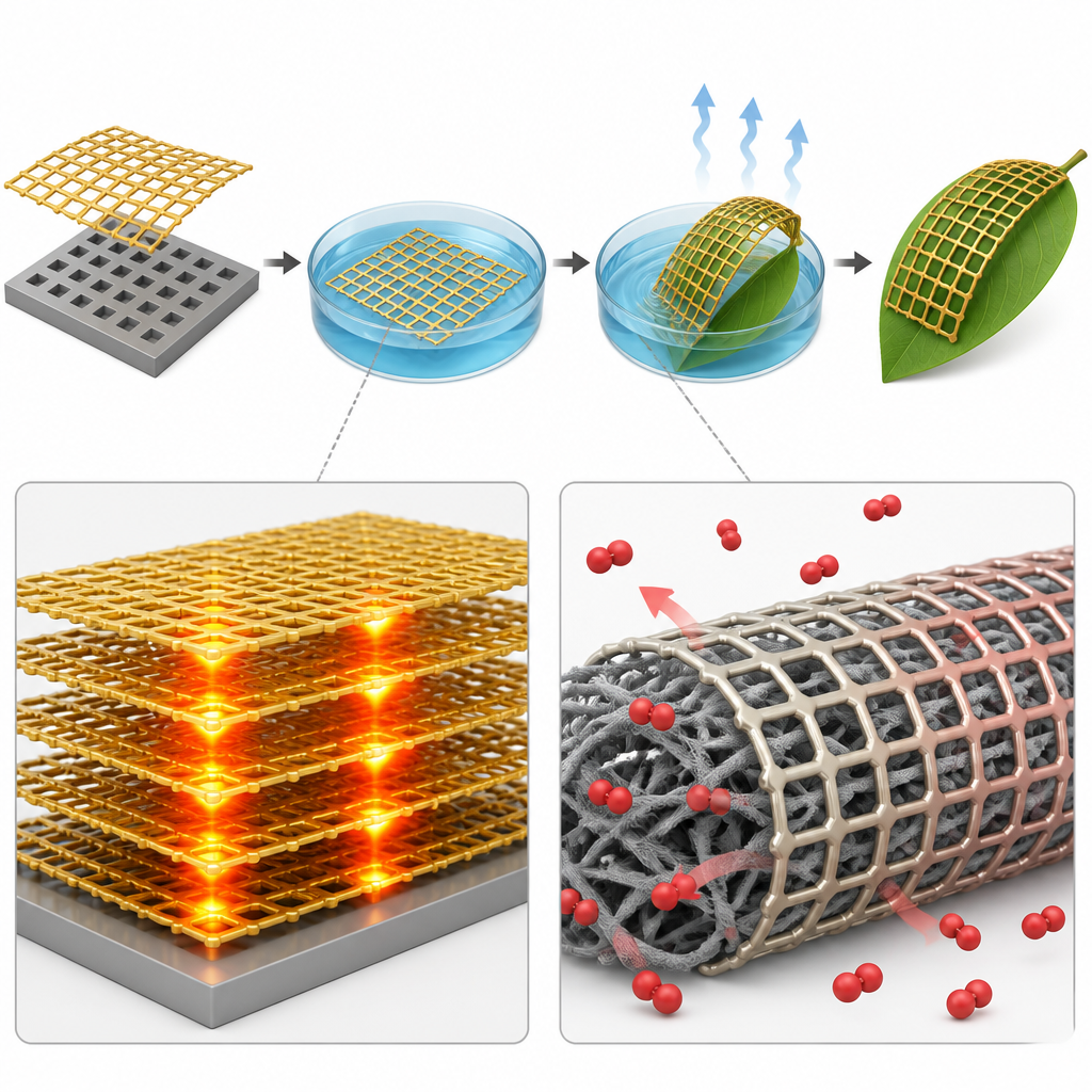 Figure 2. Galleggiamento e sollevamento passo dopo passo di nanomaglie metalliche per formare sensori stratificati che rilevano pesticidi su frutta e idrogeno nell'aria.