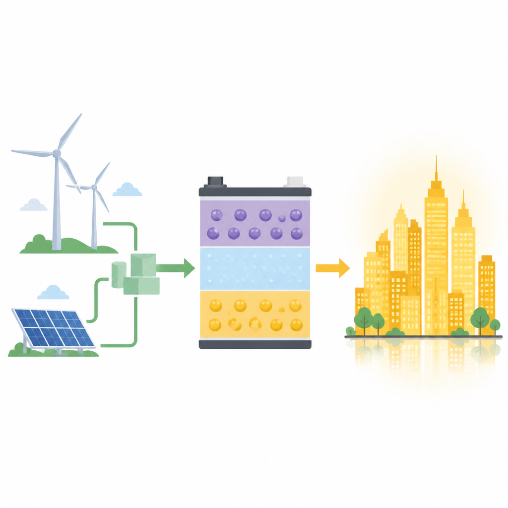 Figure 1. Jak baterie cynk–jod magazynują czystą energię z odnawialnych źródeł, aby zasilać miasta bezpiecznie i niezawodnie.