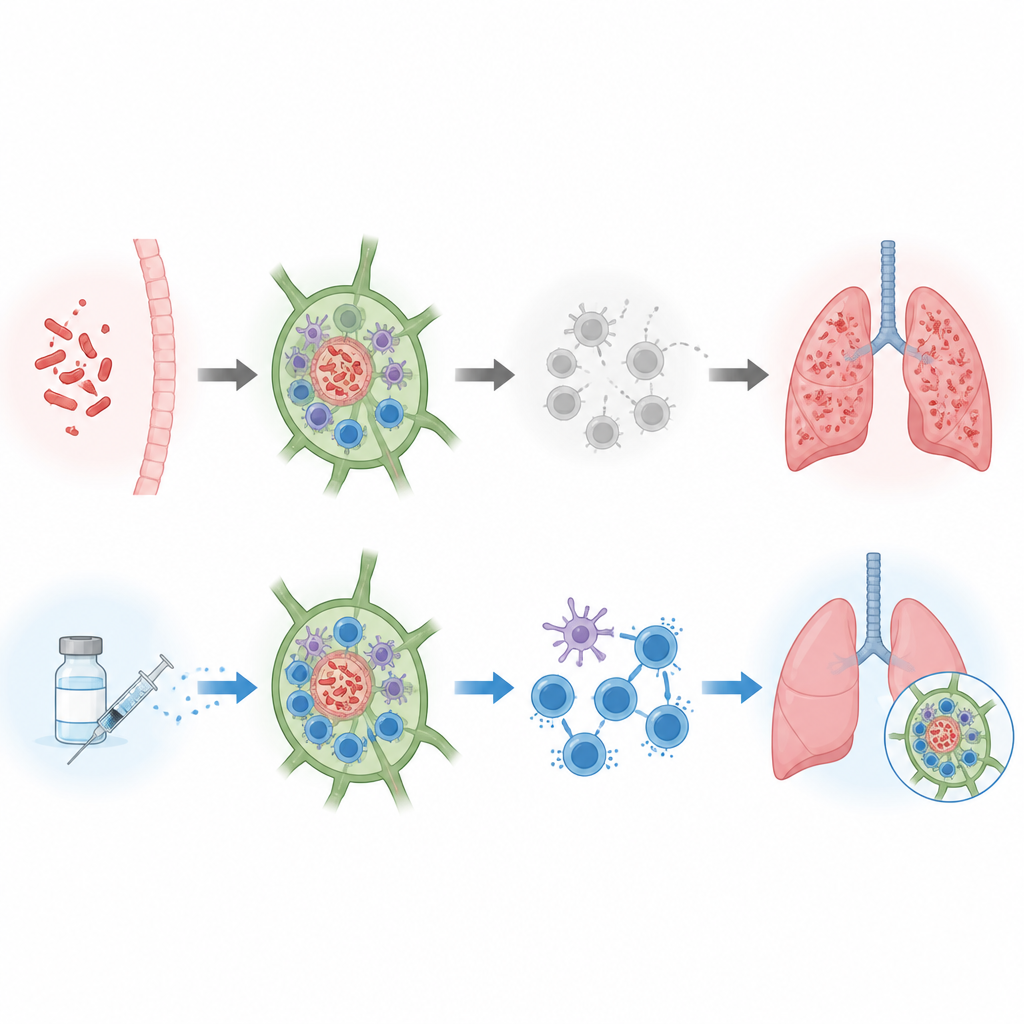 Figure 1. Come la vaccinazione aiuta a mantenere la tubercolosi dormiente intrappolata nei linfonodi invece di diffondersi ai polmoni