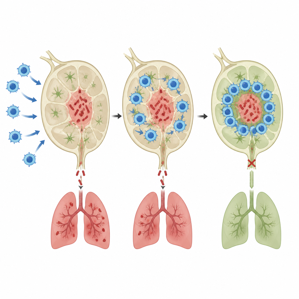 Figure 2. Come le cellule T CD8 primate dal vaccino circondano i linfonodi infetti per impedire ai batteri della tubercolosi di fuggire verso i polmoni