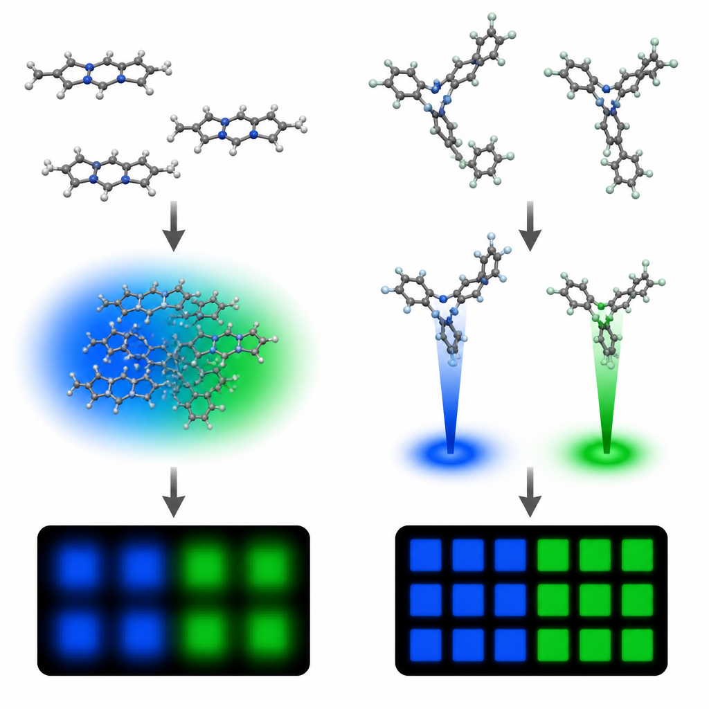 Figure 1. Neue verdrehte Bor‑Stickstoff‑Moleküle liefern ultrareines Blau und Grün für schärfere, effizientere OLED‑Displays.