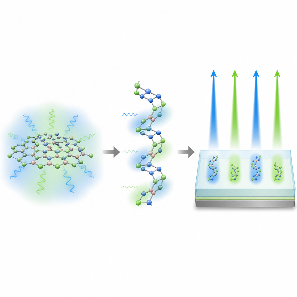 Figure 2. Verdrehte Bor‑Stickstoff‑Bor‑Moleküle verringern Aggregation und lenken Energie so, dass in OLEDs fokussiertes Blau und Grün mit enger Bandbreite abgestrahlt wird.