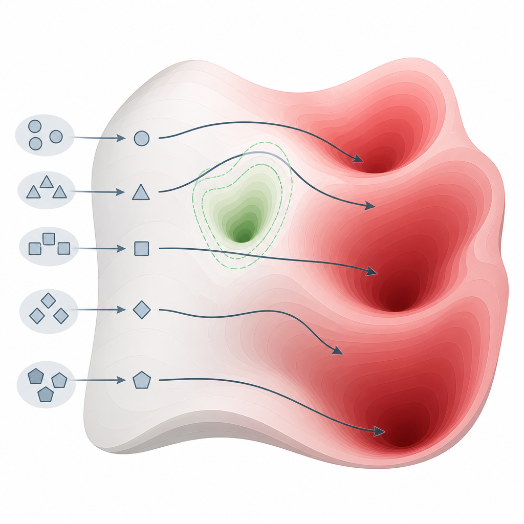 Figure 2. Pequenas mudanças na forma de fazer perguntas podem guiar modelos ao redor de bolsões de segurança e em direção a regiões de conhecimento nocivo.