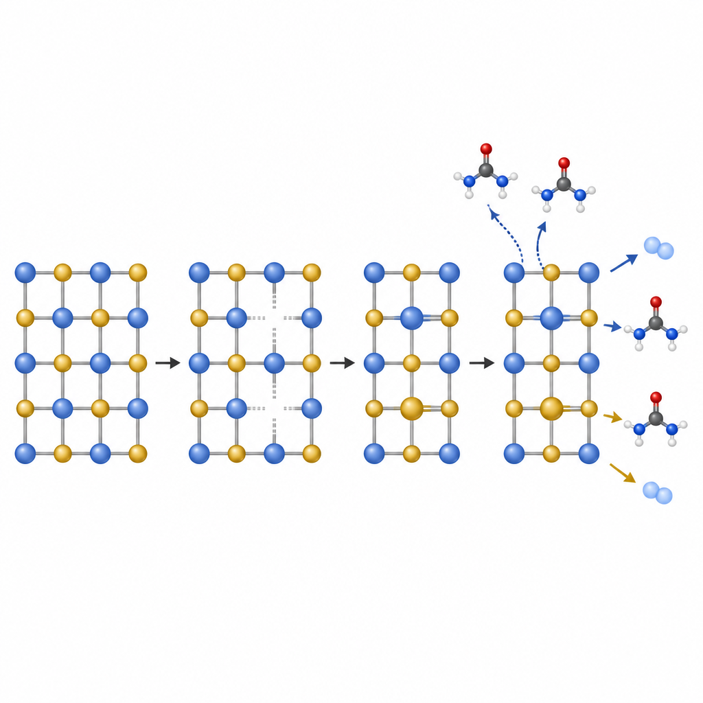 Figure 2. Come piccole lacune in un reticolo metallico attirano atomi in coppie che accelerano la degradazione dell’urea e la generazione di idrogeno.