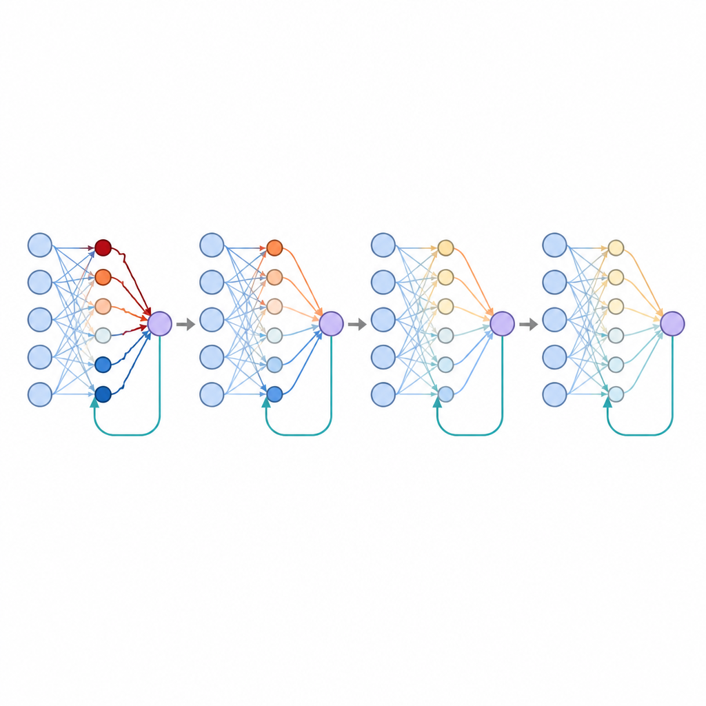 Figure 2. Как обратная связь от собственного выхода сети постепенно корректирует силы связей, уменьшая нестабильность и чувствительность к шуму.