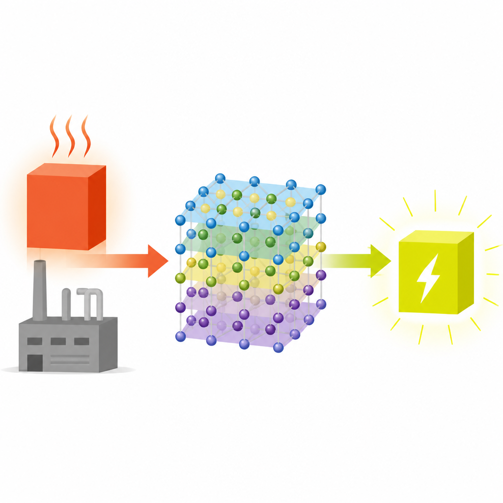 Figure 1. Cómo cristales rediseñados tipo sal convierten directamente el calor residual industrial en electricidad