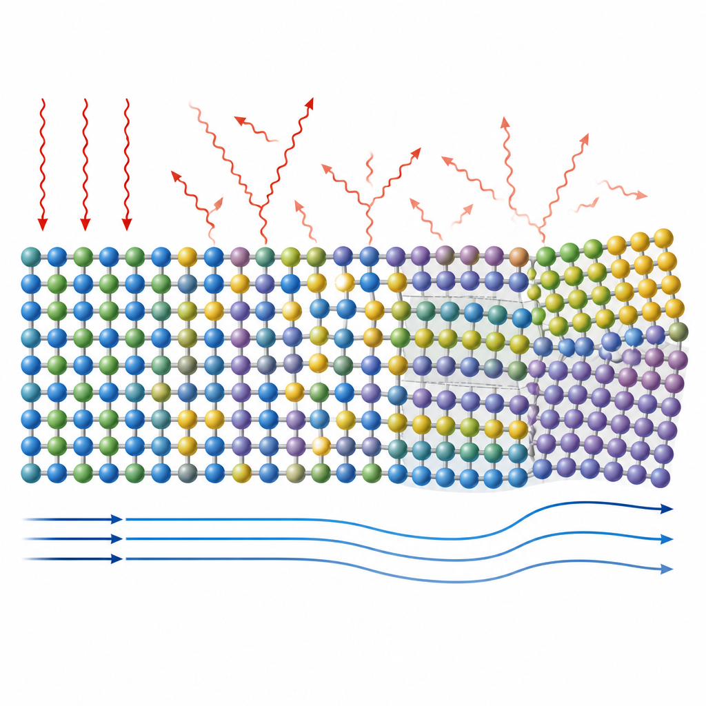 Figure 2. Cómo la mezcla de distintos átomos en un cristal suaviza enlaces, dispersa el calor y acelera el flujo de carga para una mejor conversión energética