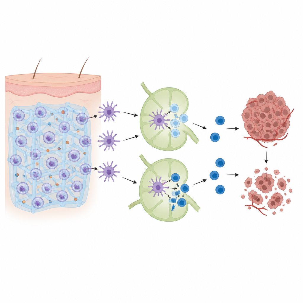 Figure 2. Unter‑der‑Haut eingebrachter Gel gibt Tumorhinweise langsam an Immunzellen ab, die dann Killerzellen aktivieren, die Tumore verkleinern.