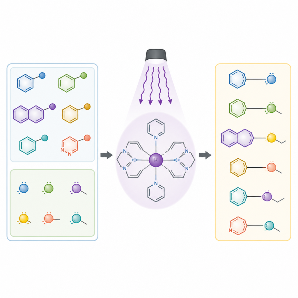 Figure 1. Light powered manganese catalyst links ring molecules to N, O, and S partners in one simple bond forming platform.
