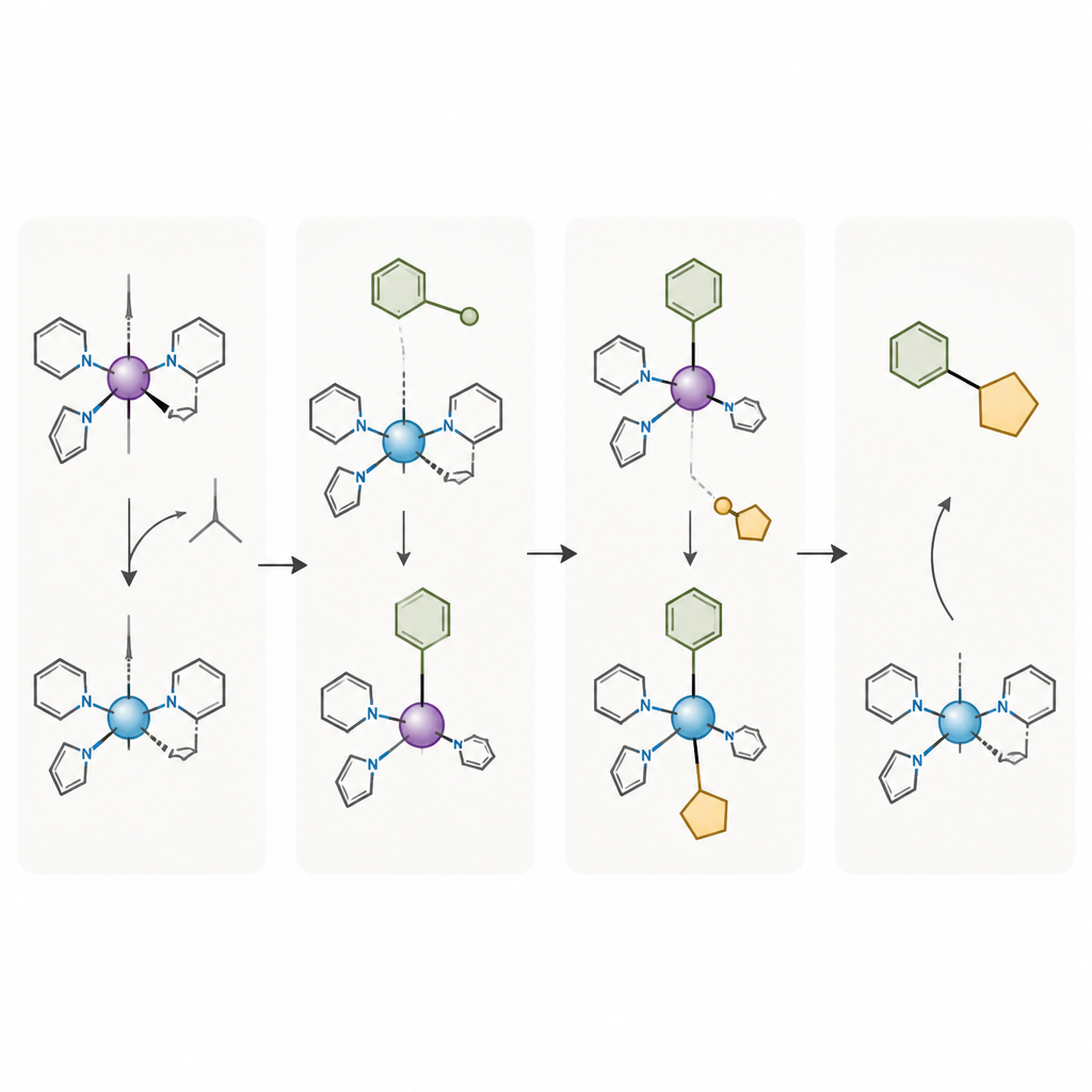 Figure 2. Stepwise cycle where light splits a manganese complex, which then joins an aryl ring and a partner to create a new bond.