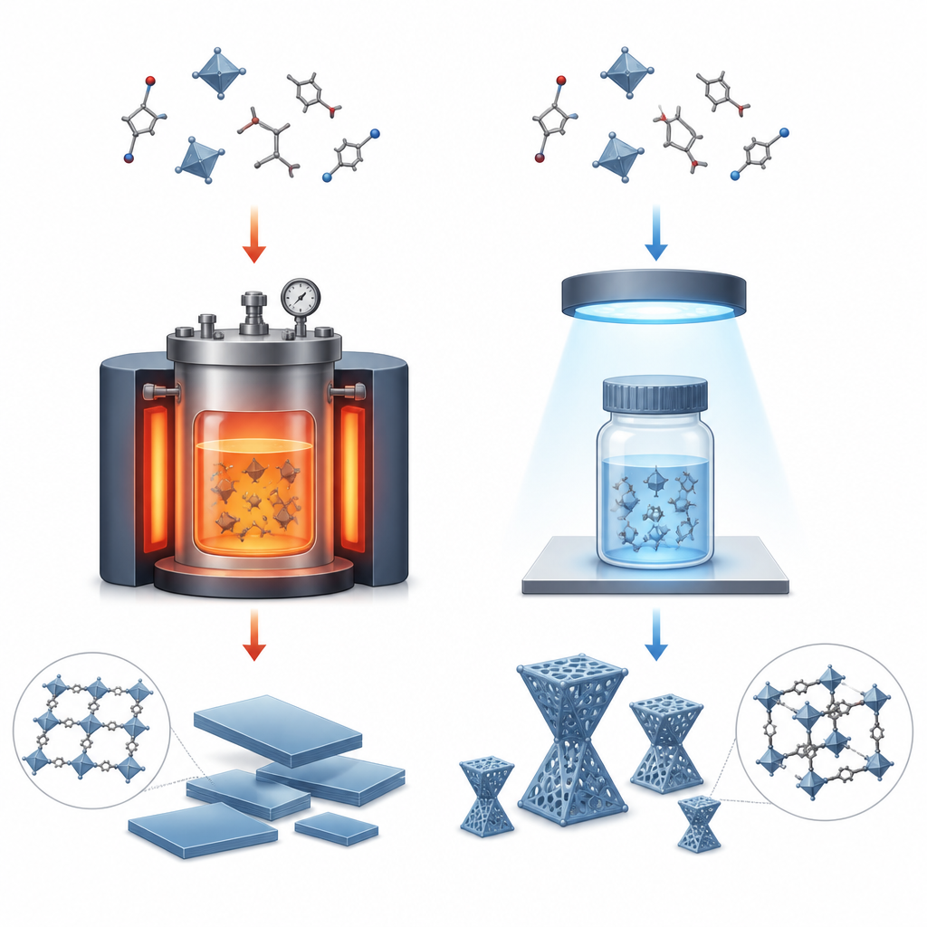 Figure 1. Porównanie gorących reaktorów chemicznych z łagodnym, napędzanym światłem wzrostem porowatych kryształów, które przyspieszają czyste reakcje.