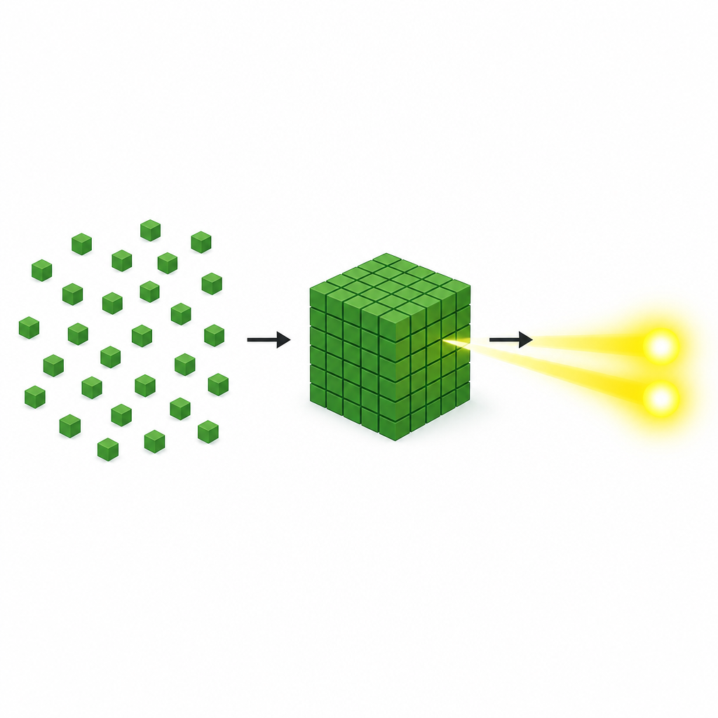 Figure 1. Cube ordinati di punti quantici raccolgono luce ed emettono coppie di fotoni insieme a temperatura ambiente.