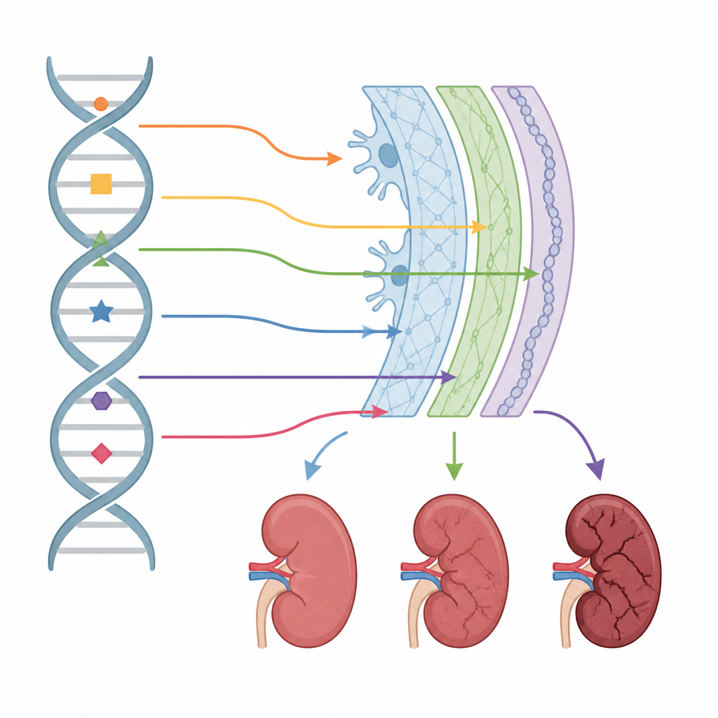 Figure 2. تؤدي تغيرات DNA المختلفة في ثلاثة جينات للكولاجين إلى مستويات متفاوتة من تلف مرشح الكلى.