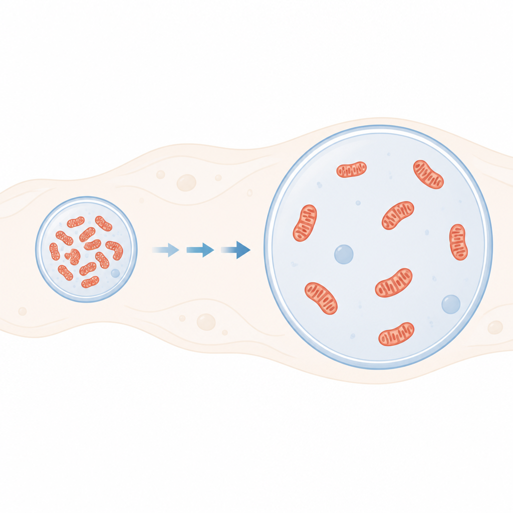 Figure 1. How crowded mitochondria in small stem cells push them to regain a second copy of their DNA.