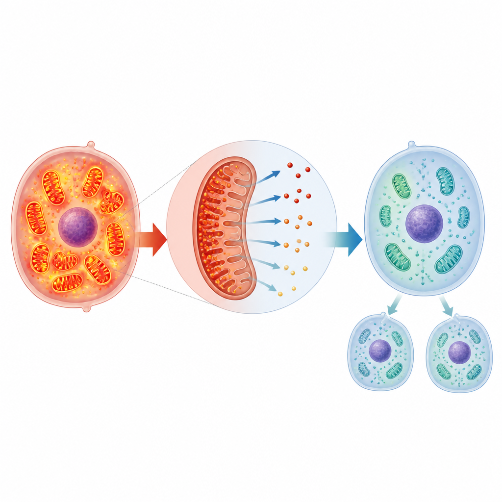 Figure 2. How burning off extra mitochondrial electrons steadies cell division and preserves single-copy genomes in stem cells.