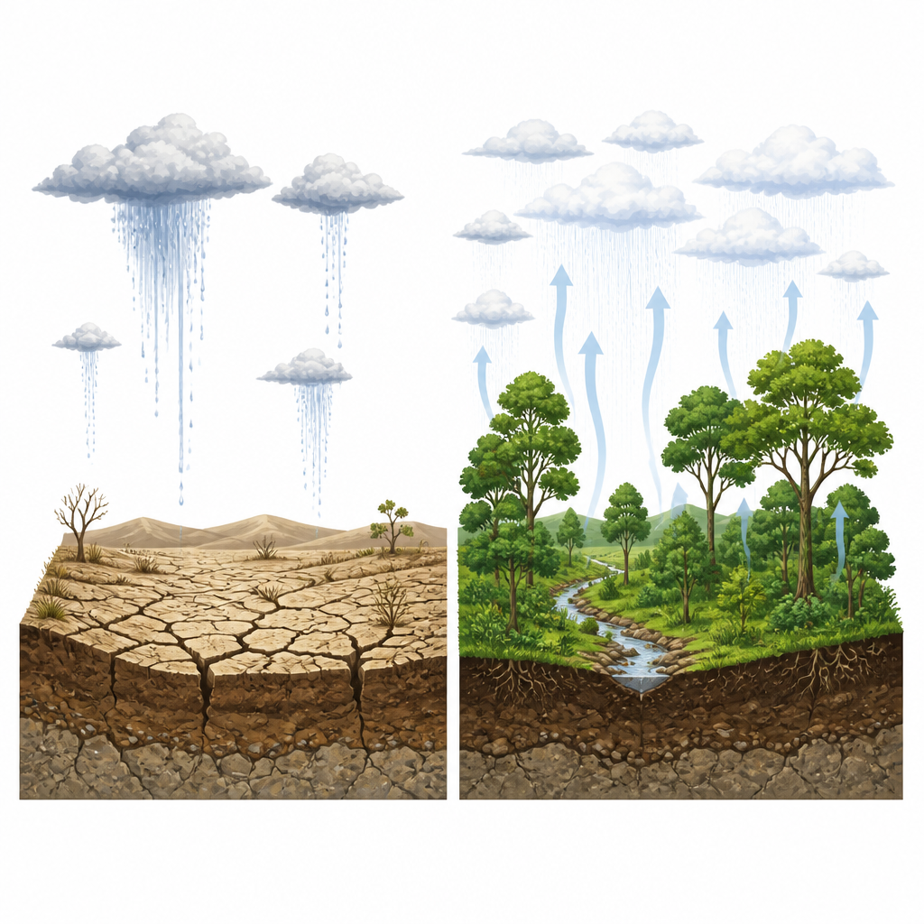 Figure 2. Come piante più rigogliose riciclano più acqua nell’atmosfera, portando a precipitazioni più regolari e a minori estremi dopo la rimozione della CO2.