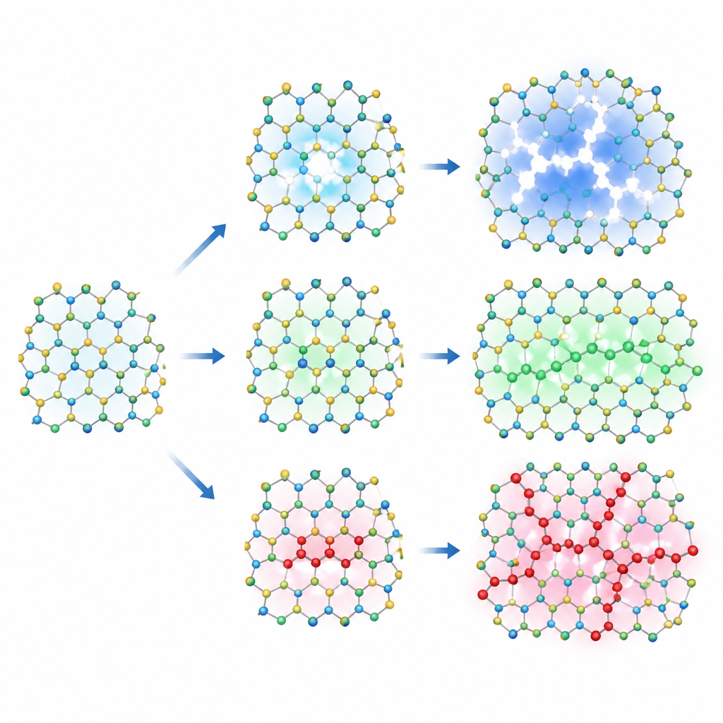 Figure 2. Vue rapprochée d’atomes dans une feuille 2D montrant des atomes manquants et échangés évoluant en lignes et réseaux qui modifient la conductivité.