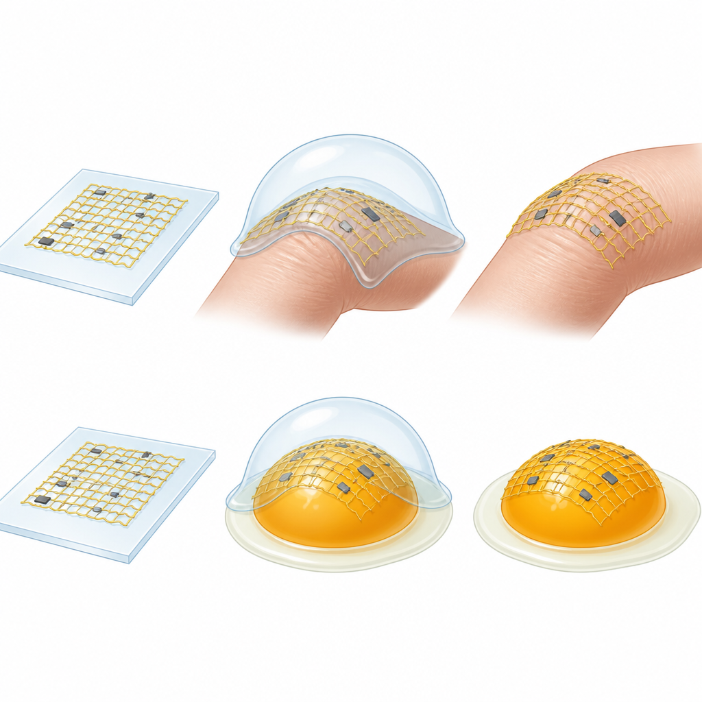 Figure 1. ソフトな流体キャリアが薄い電子デバイスを平坦なウェハーから皮膚などの曲面や壊れやすい表面へ損傷なく移動させる。