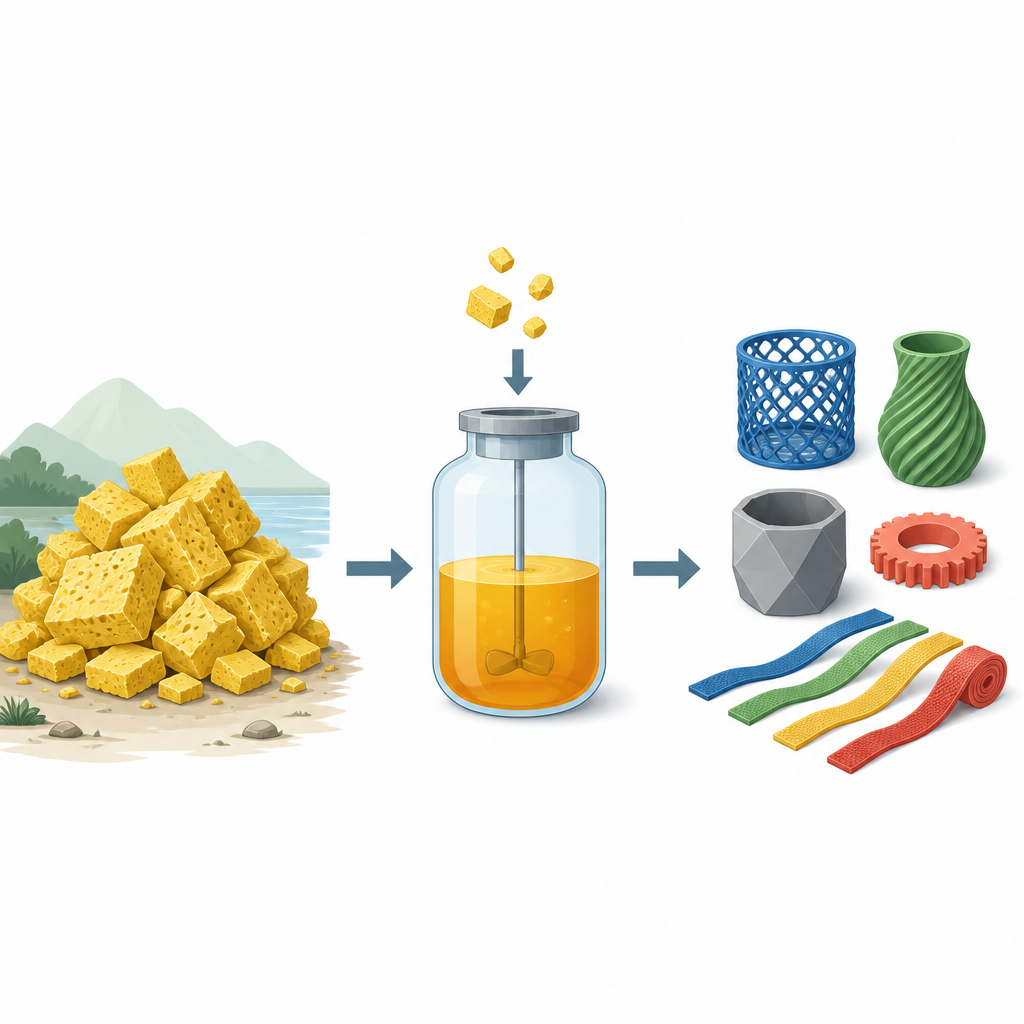 Figure 1. Hoe omvangrijk polyurethaanschuimafval met een eenvoudig chemisch proces kan worden omgezet in waardevolle nieuwe 3D-geprinte producten.