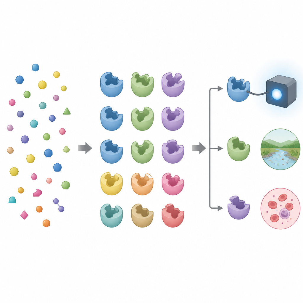 Figure 1. Özel tasarlanmış protein cepleri çeşitli küçük molekülleri yakalar ve bunları farklı algılama uygulamalarına yönlendirir.