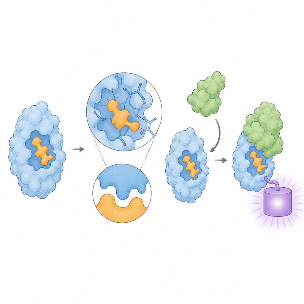 Figure 2. Tasarlanmış bir protein cebi küçük bir molekülü kavrar ve bağlanmayı algılayan bir sensör oluşturmak için bir partner proteini işe alır; bağlanma olduğunda ışık verir.
