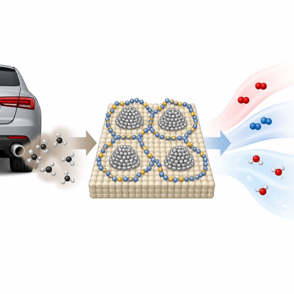 Figure 1. Comment des nanoparticules de rhodium protégées aident à convertir le méthane des gaz d’échappement en gaz plus propres