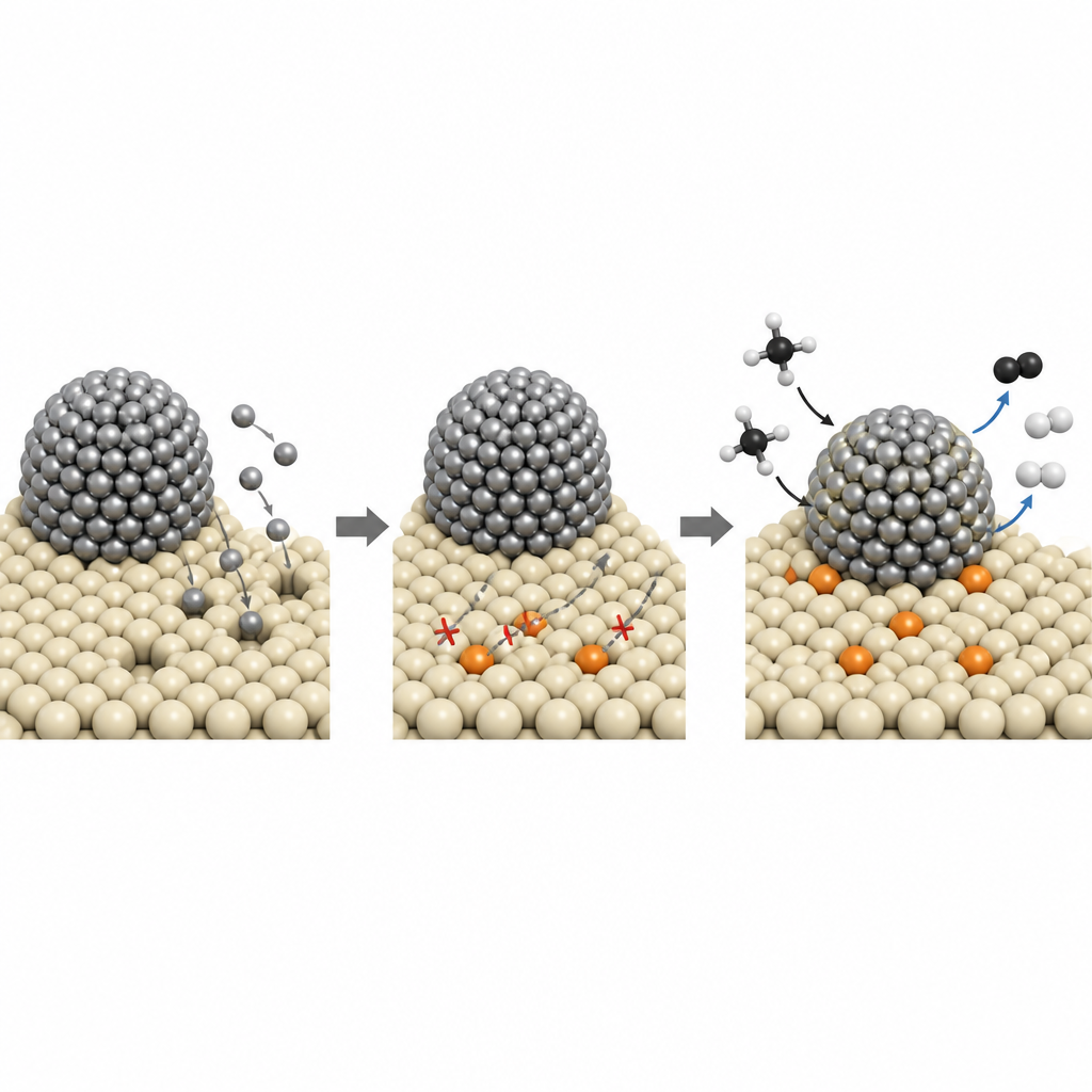 Figure 2. Comment des atomes isolés préintroduits enclosent les nanoparticules de rhodium et préservent leur activité pour la décomposition du méthane