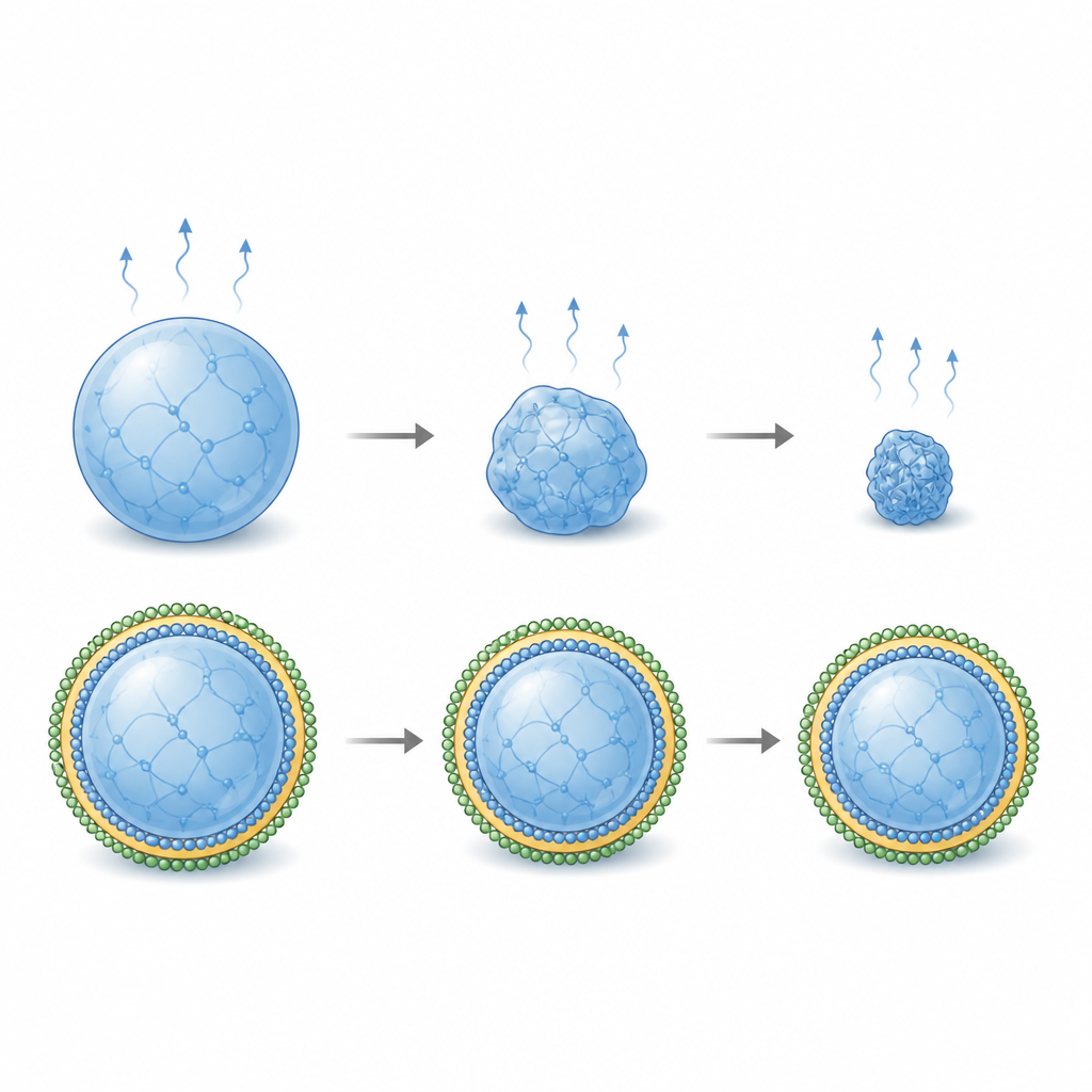 Figure 1. Un nuovo guscio simile a una buccia di frutto impedisce ai gel morbidi ricchi d’acqua di seccarsi mentre funzionano all’aria.