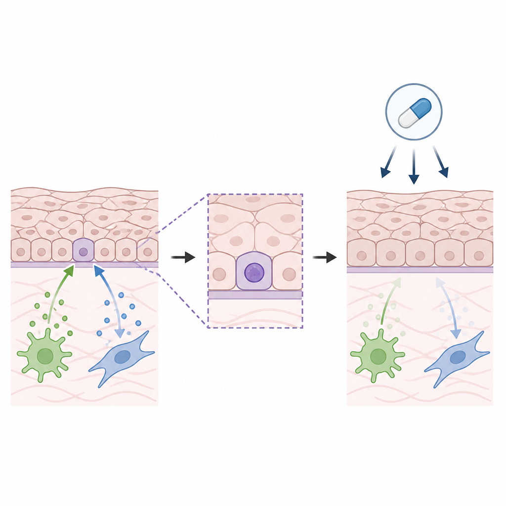 Figure 2. Jak sygnały wzrostu włączają gen plastyczności w komórkach przełyku i jak inhibitory COX‑2 pomagają go ponownie wyłączyć