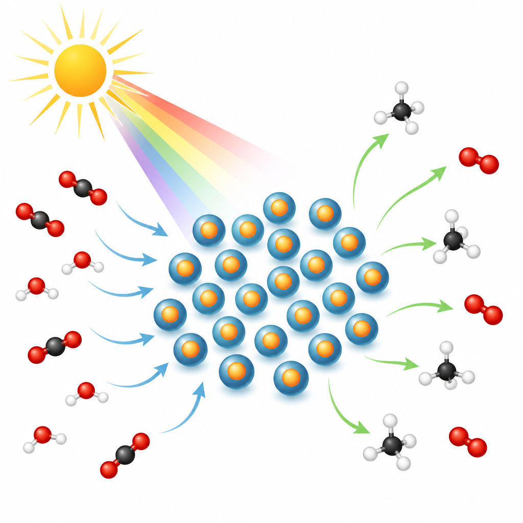 Figure 1. Tiny greenhouse like particles turn sunlight, CO2, and water into methane fuel using nearly the whole solar spectrum.