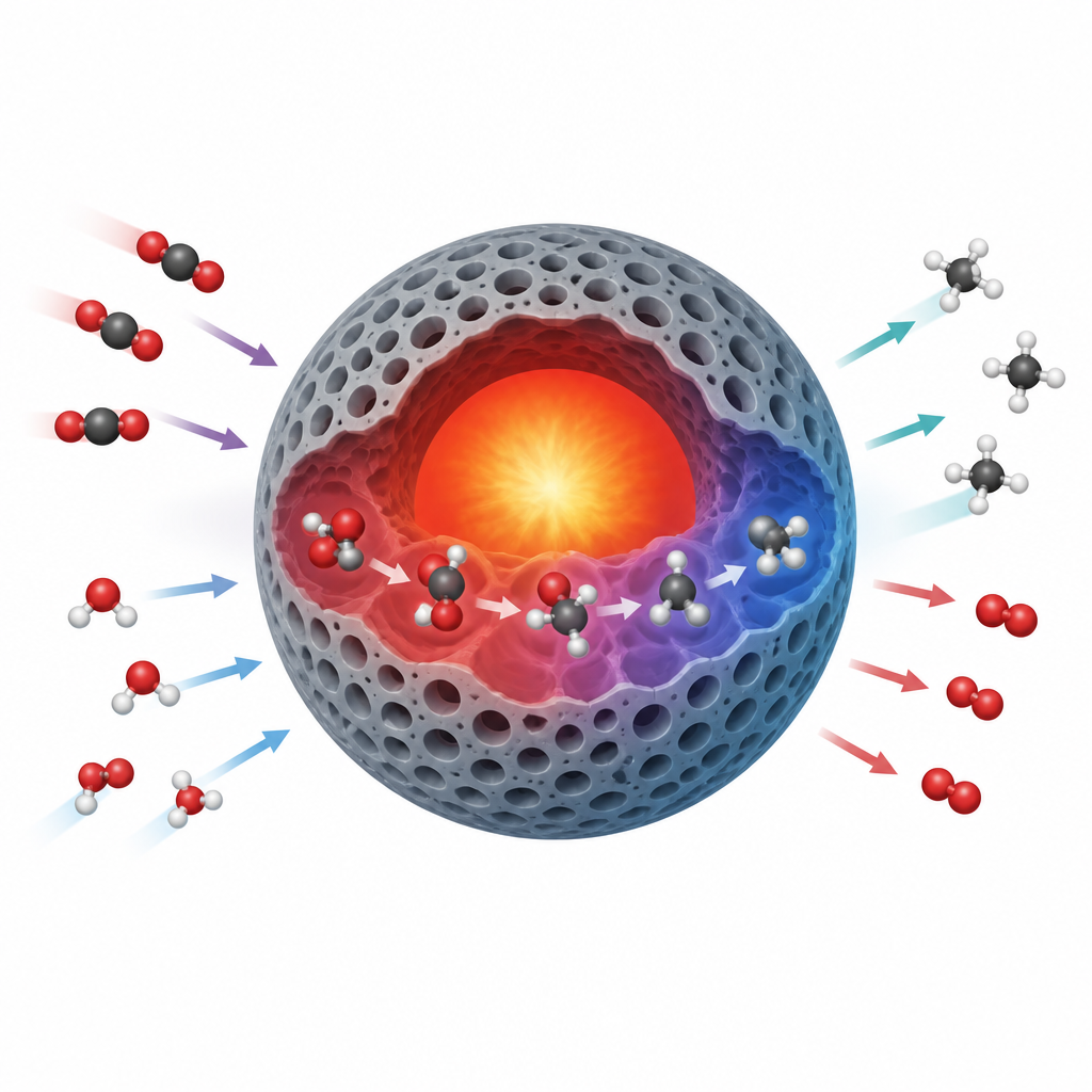 Figure 2. Inside one nano greenhouse, a hot core and porous shell guide CO2 and water through heated steps to form methane and oxygen.