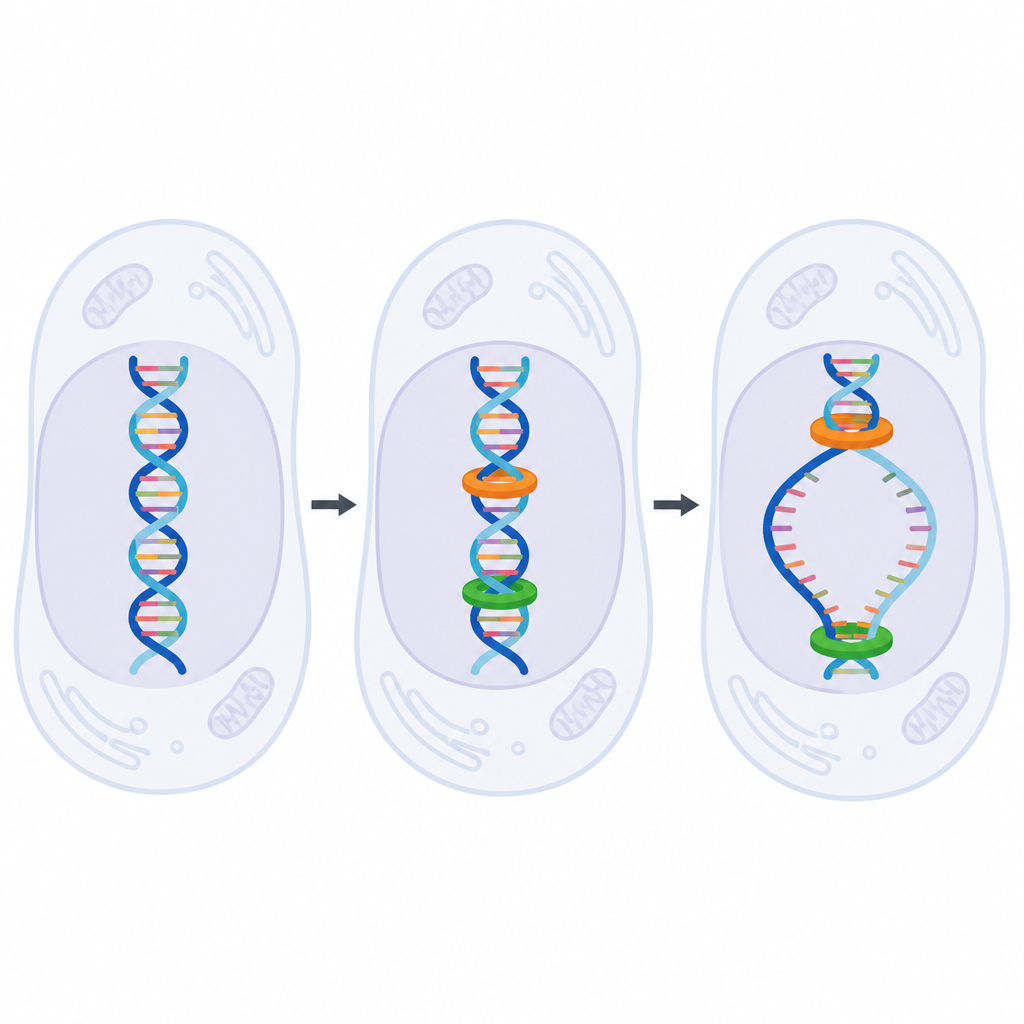 Figure 1. Wie ringförmige Helikasemaschinen einen winzigen Abschnitt der DNA-Doppelhelix zuerst öffnen, um mit dem Kopieren der Gene zu beginnen