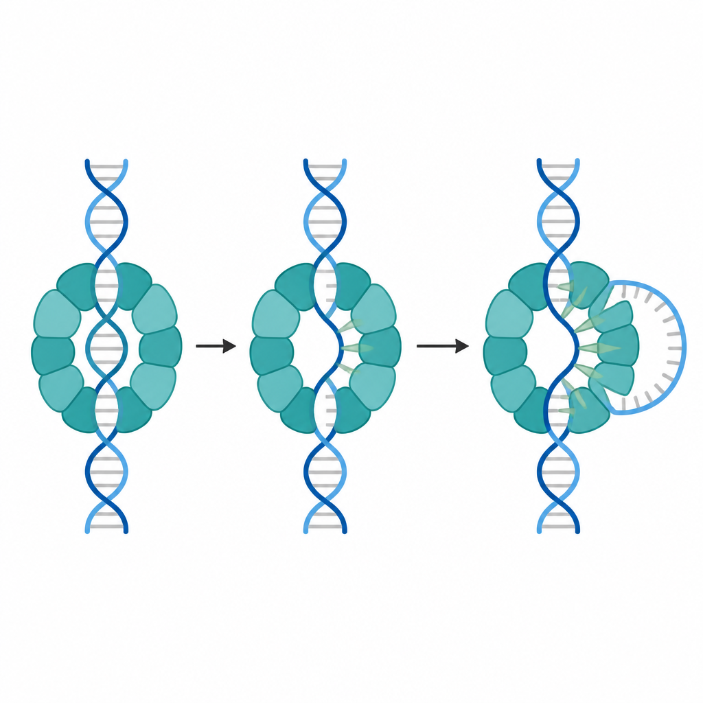 Figure 2. Schrittweises Öffnen der DNA durch einen Helikasering, der kleine keilartige Strukturen verwendet, um Basenpaare auseinanderzuziehen