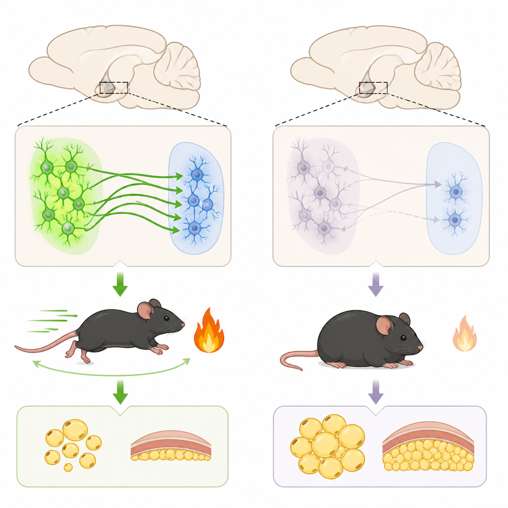 Figure 2. Wie der Verlust eines Gens in einem Hirnkreislauf die Aktivität von Neuronen schwächt, Bewegung reduziert und zu Fettzunahme führt