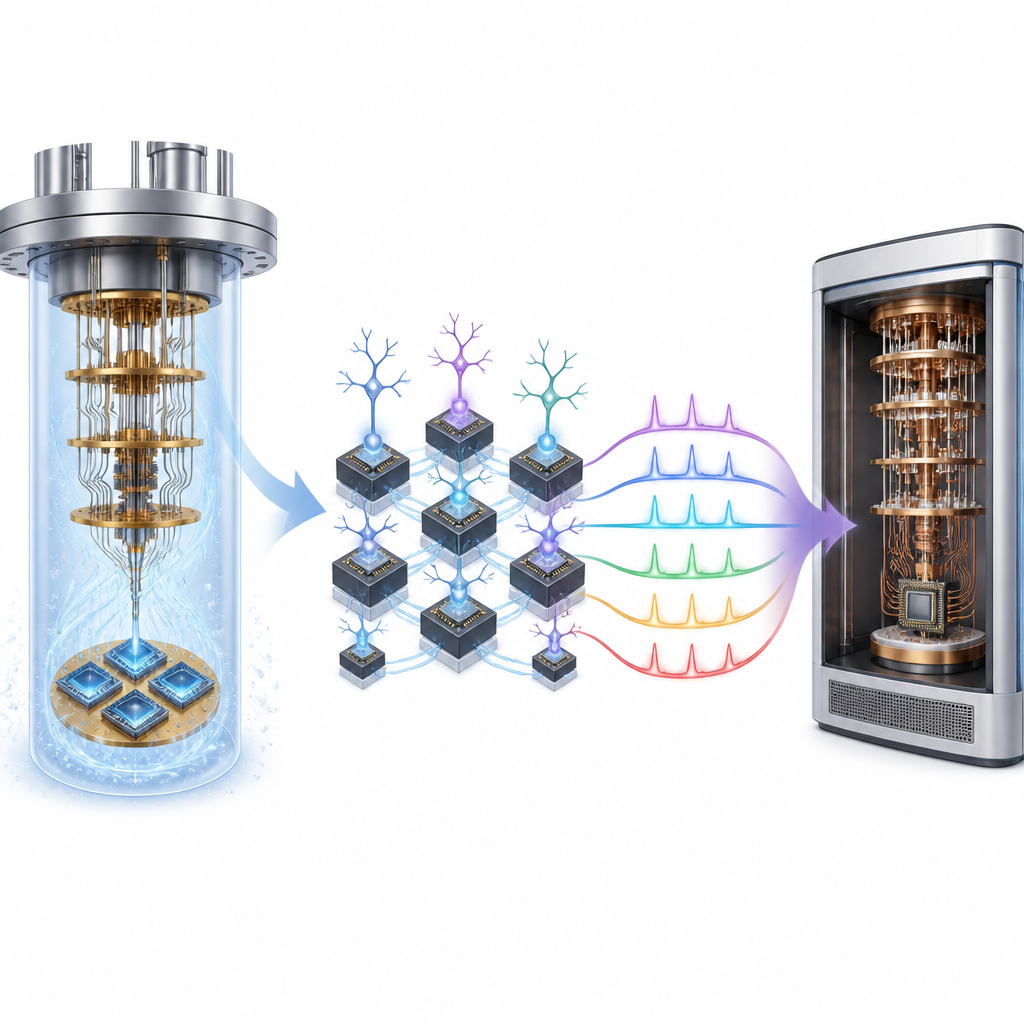 Figure 1. Environnement froid alimentant des puces de type neurone en carbure de silicium qui envoient des signaux d’impulsions à faible consommation pour piloter du matériel quantique.