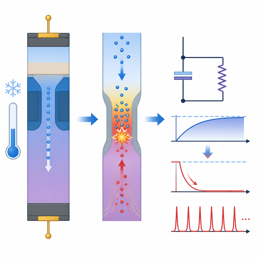 Figure 2. À l’intérieur d’un dispositif neurone en carbure de silicium, des avalanches d’électrons font basculer un circuit d’une charge lente vers des impulsions de sortie rapides et brusques.