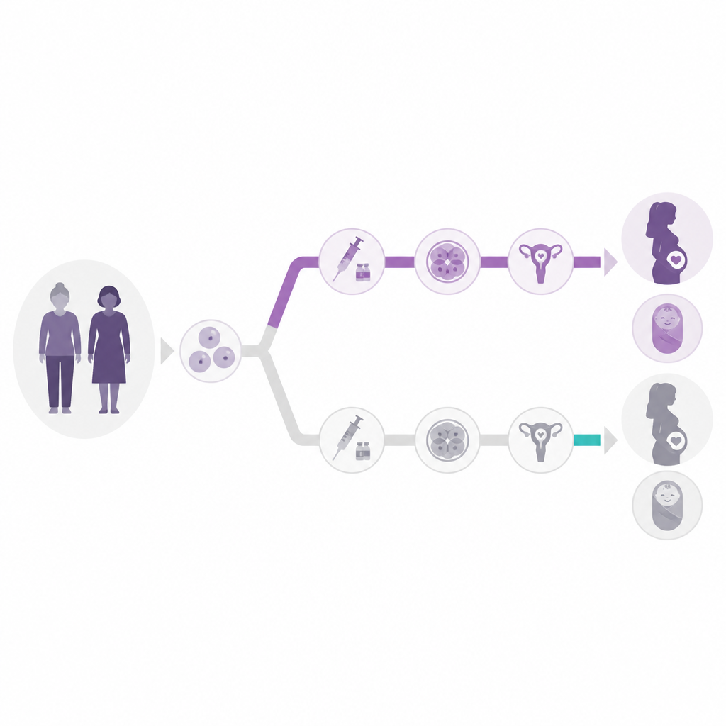 Figure 1. Porównanie dwóch dróg stymulacji IVF dla starszych kobiet lub z niskim rezerwuarem jajowym, aby sprawdzić, czy prostszy schemat działa równie dobrze.