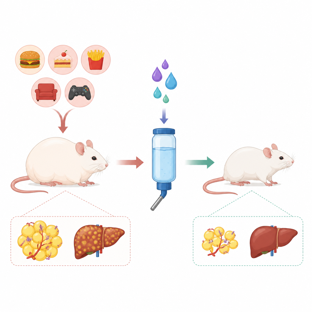 Figure 1. Cómo una molécula similar a una vitamina ayuda a los ratones a resistir el aumento de peso y los problemas de glucemia provocados por una dieta alta en grasas
