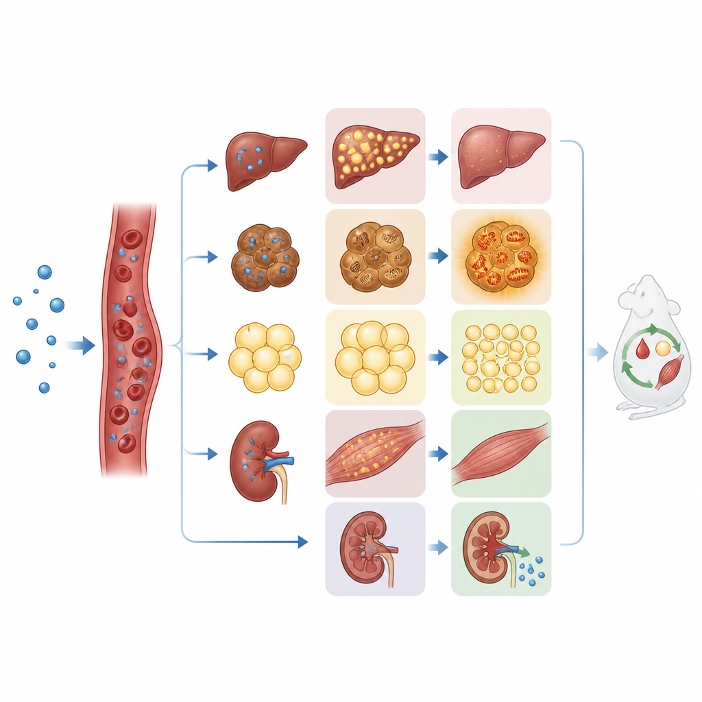 Figure 2. Cómo NRH desplaza la grasa del hígado y el músculo hacia el tejido adiposo y mejora el manejo de la glucosa en ratones obesos