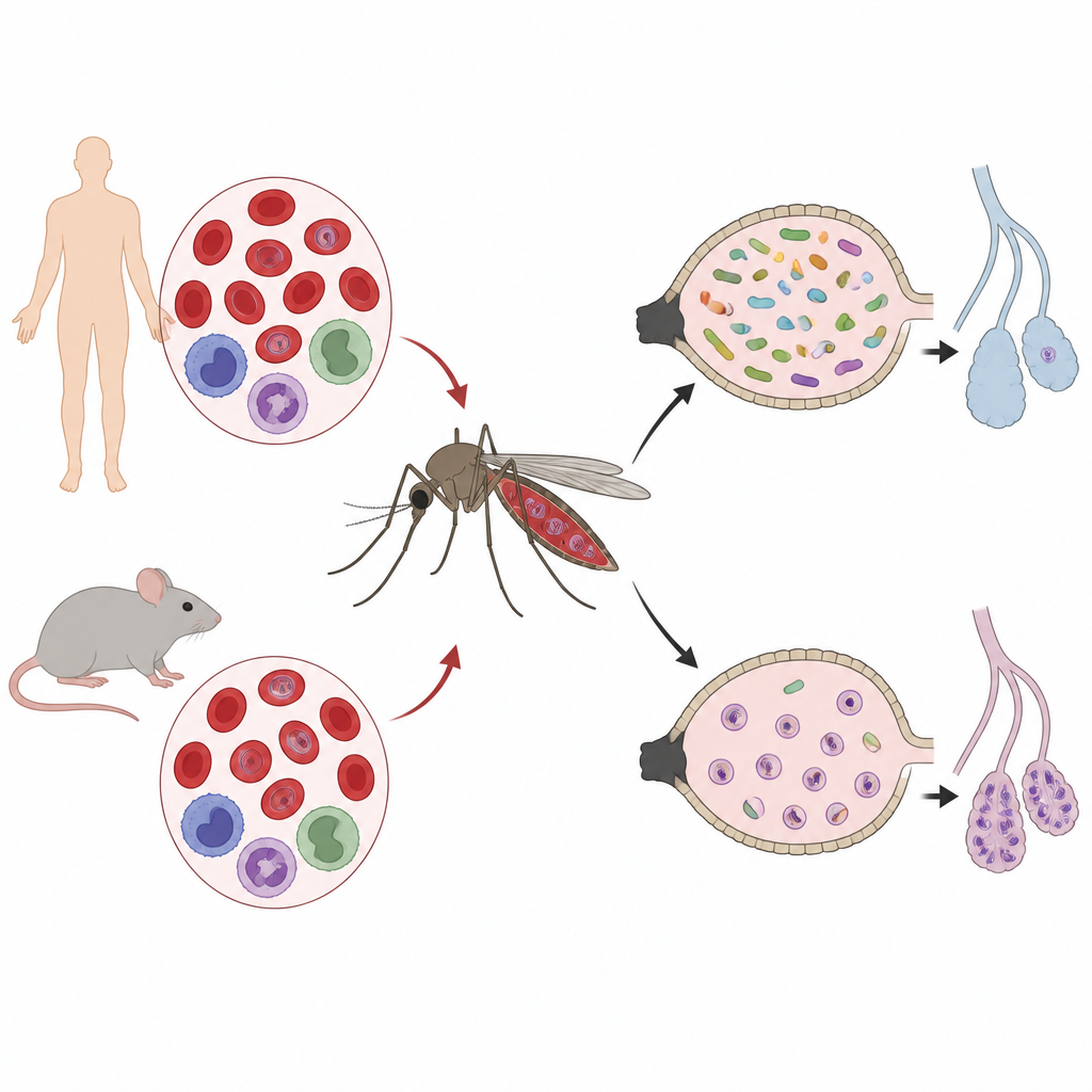 Figure 1. Cómo las células inmunitarias del huésped y las bacterias del intestino del mosquito, en conjunto, determinan el éxito de los parásitos de la malaria en los mosquitos.