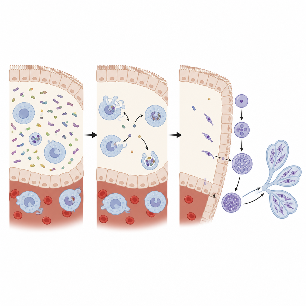 Figure 2. Cómo las células inmunitarias procedentes del huésped devoran bacterias del intestino del mosquito, despejando el camino para que los parásitos de la malaria crezcan y alcancen las glándulas salivales.