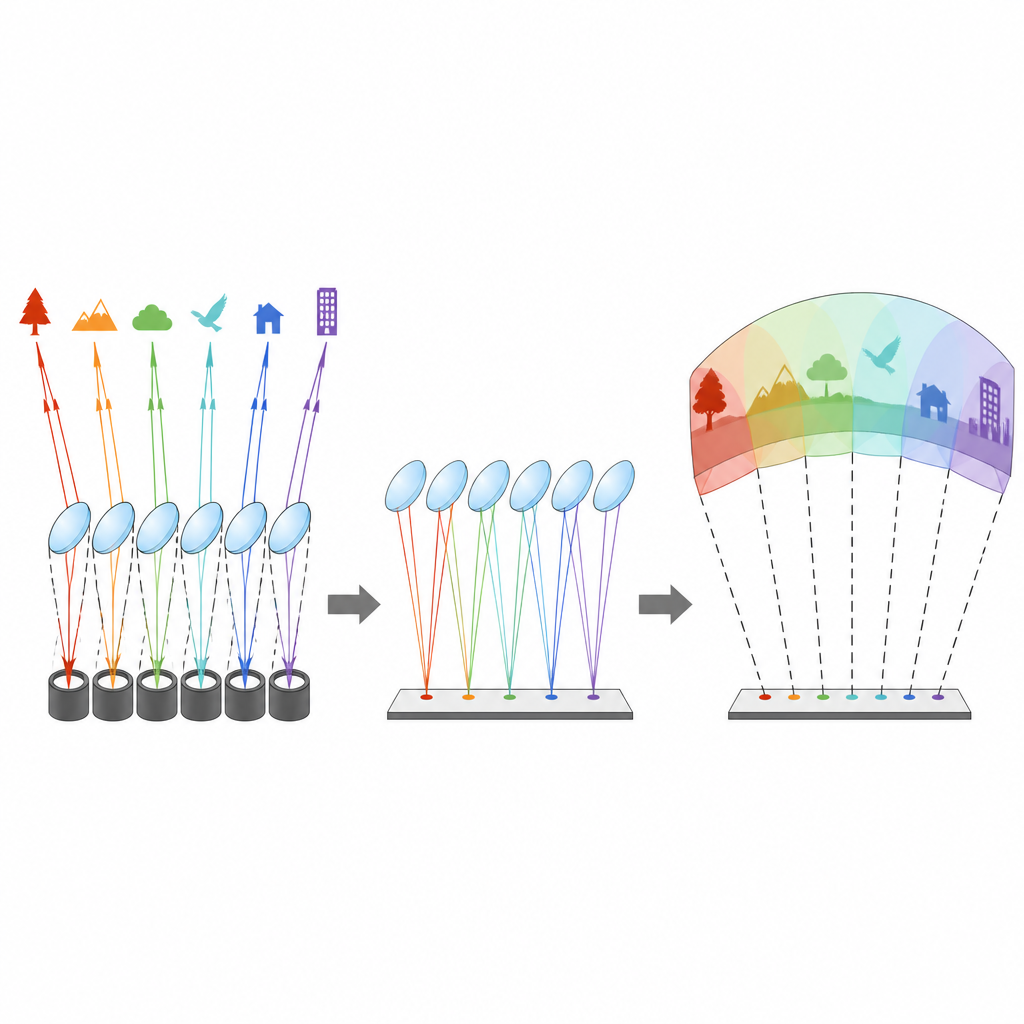 Figure 2. Piccole lenti sagomate deviano la luce incidente in angolo verso un sensore piano per ottenere immagini grandangolari nitide