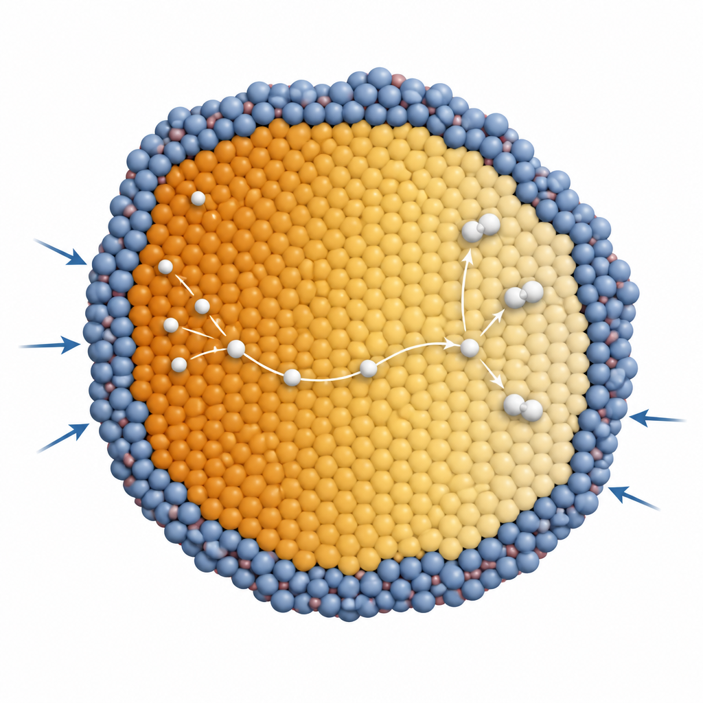 Figure 2. Gli atomi di idrogeno percorrono un percorso interno all’interno di una particella catalitica, evitando i lenti confini tra materiali diversi.